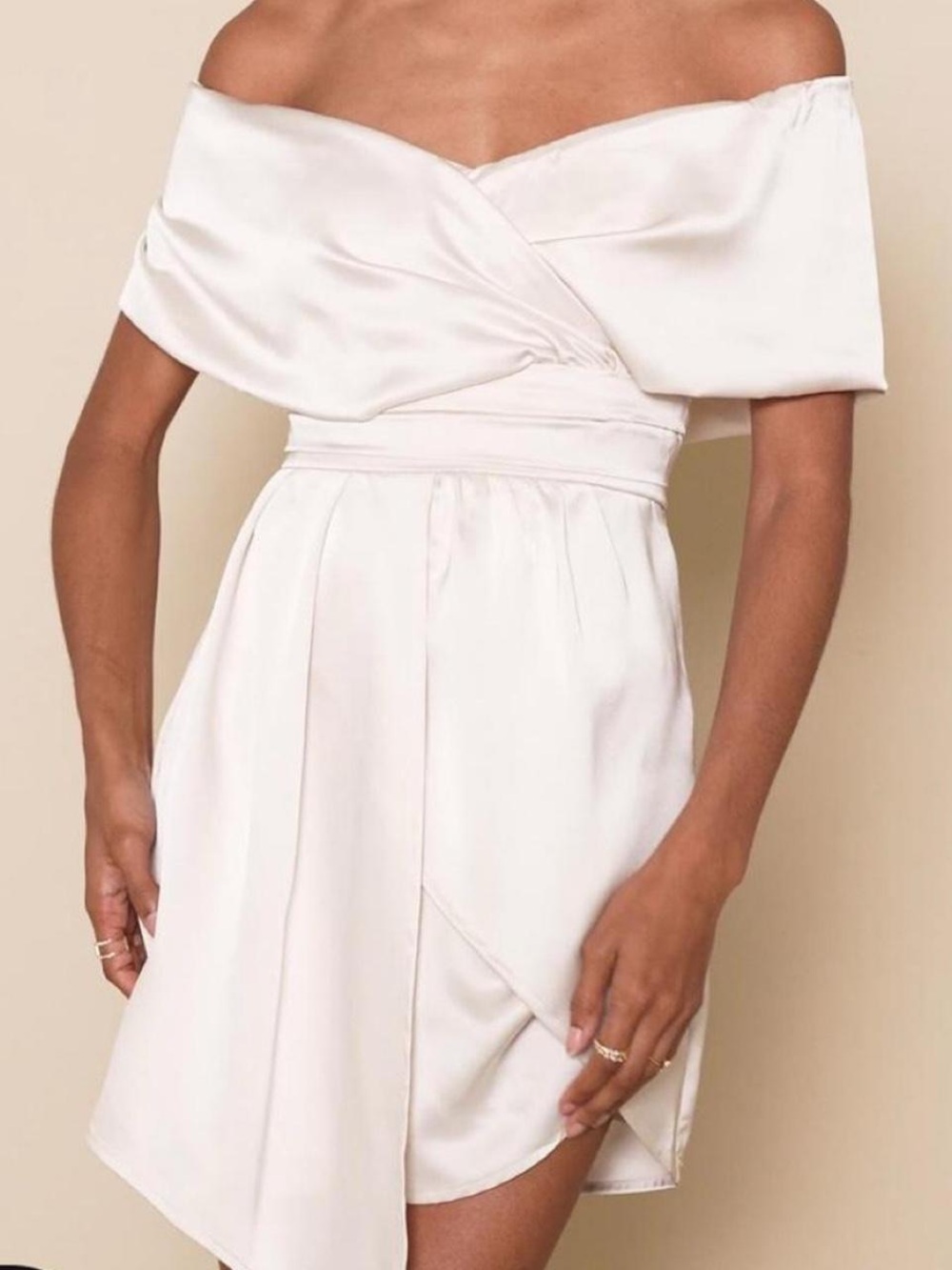 Lulu's Cream Off-Shoulder Satin Wrap Mini Dress